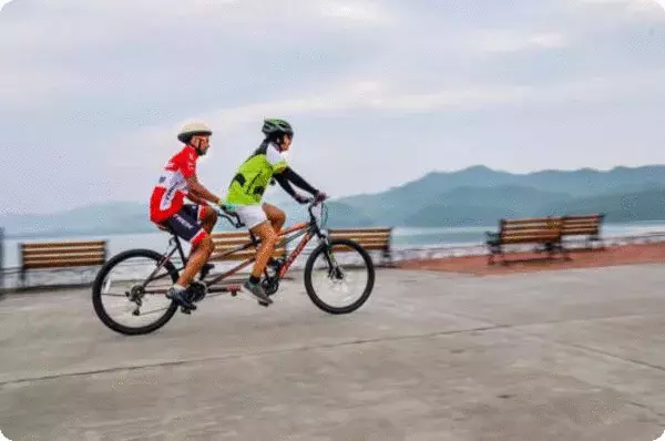 Image of a couple cycling near the Statue of Unity
